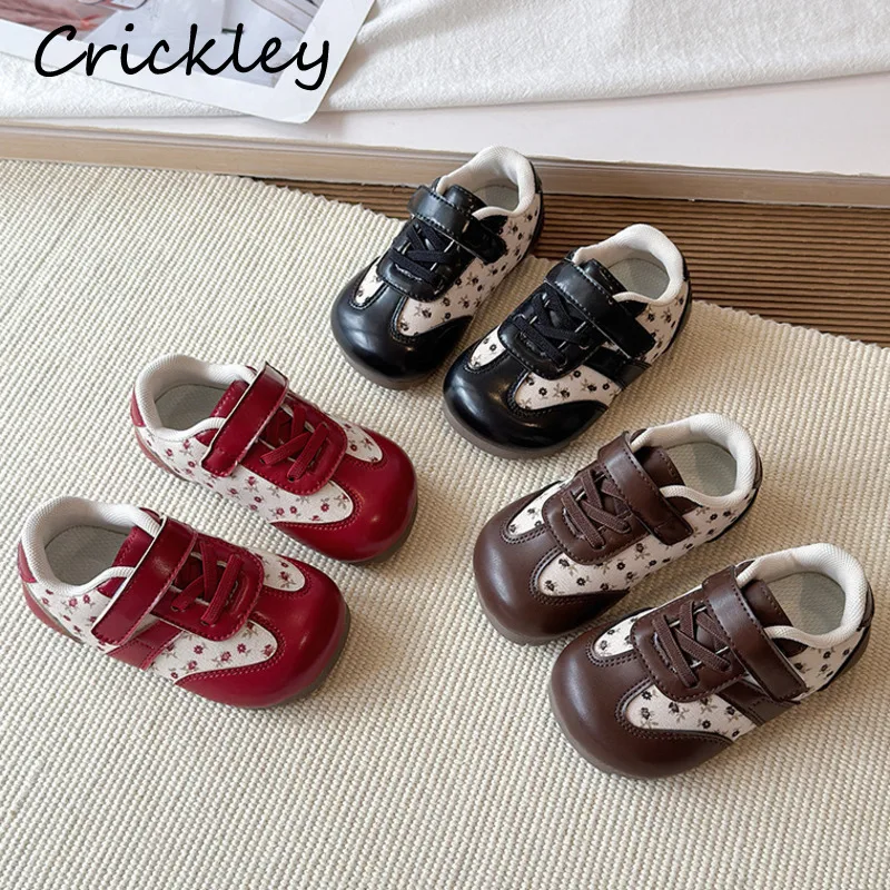 Flowers Printed Children Sneakers PU Patchwork Toddler Girls Casual Shoes Soft Hook Loop Anti Slip Kids Sport Shoes