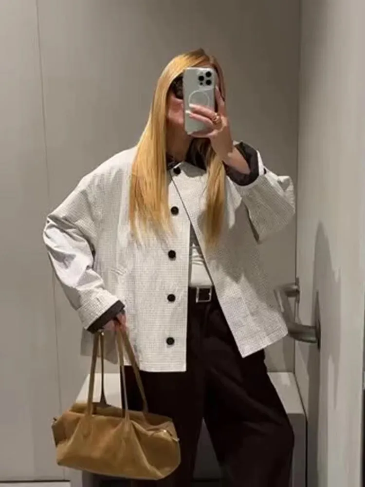 HH Weibliche Herbst Mode Weiß Plaid Revers einreiher Lange Ärmel Jacke Frauen Vintage Pendler Kausalen Kurze Mäntel