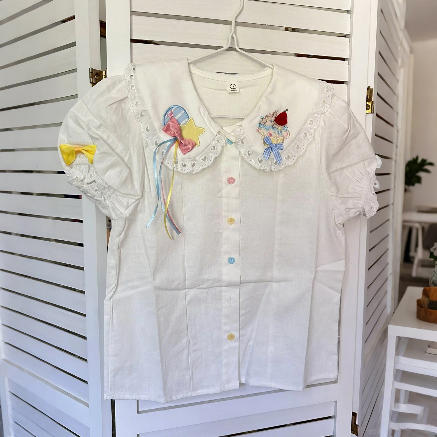 Lolita Doll Collar Bubble Sleeve Shirt Women Lolita Sweet Inside with Cute Bow White Bottom Top Short Sleeve Women Tops
