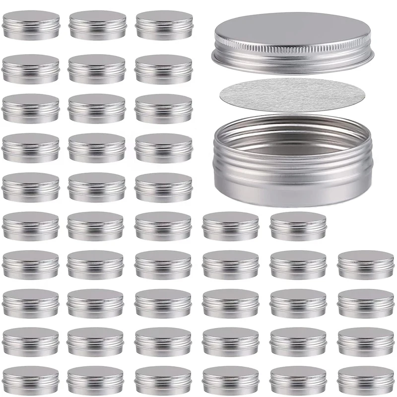 Latas de aluminio plateadas vacías, 50 piezas, 5g-60g, cierre de rosca, latas redondas de Metal para cosméticos, lápiz labial, velas de especias