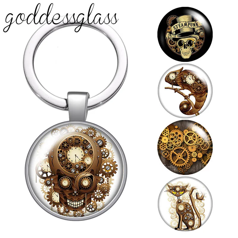 New steampunk skull Mechanical animals Punk glass cabochon keychain Bag Car key chain Ring Holder Charms keychains gift