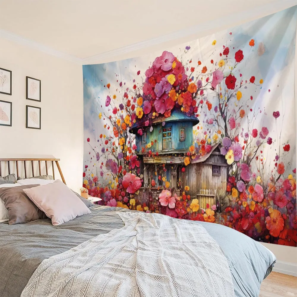 Cartoon Fairy Tale Wooden House Tapestry Dreamy Mushroom Forest Mural Wall Decor for Children's Room Home Decor