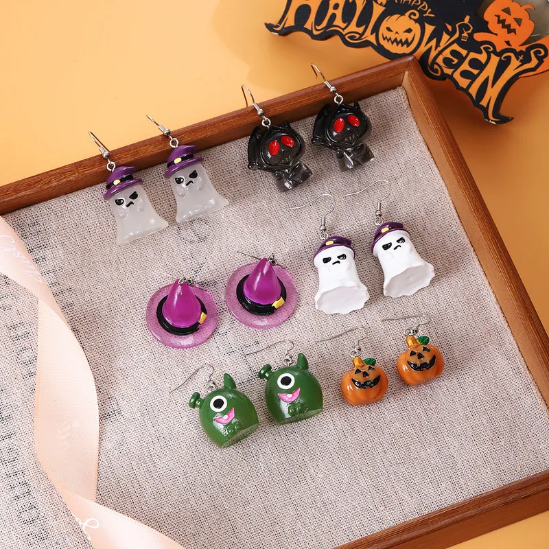 

New Fashion Halloween Fun Cartoon Pumpkin Ghost Resin Earrings Funny Personality Big Eyes Monster Witch Hat Death Earhook