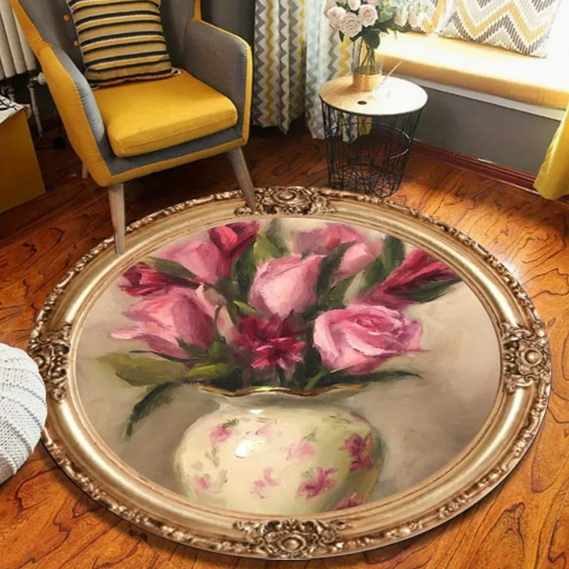 Round Oil Painting Style Carpet with Pink Purple Lily Flower Pattern Vintage Gold Border Artistic Home Decoration Mat Rug