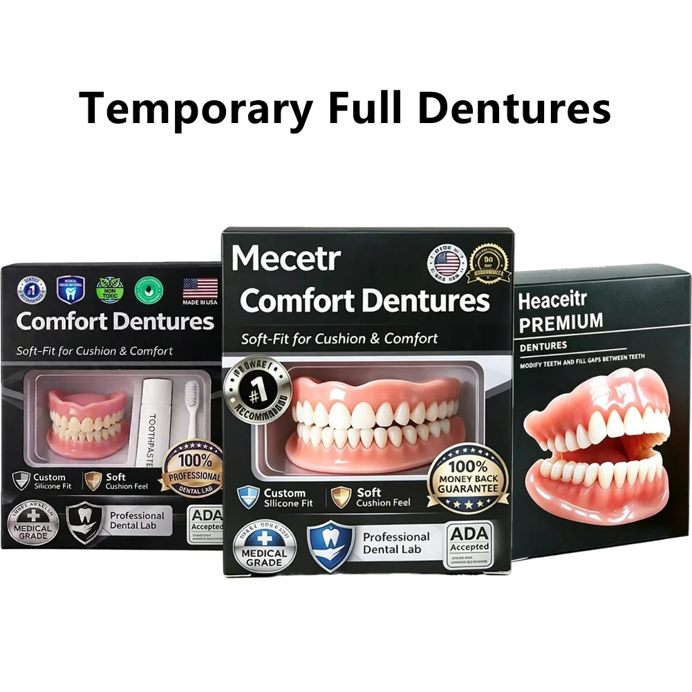Mecetr Comfort Dentures Soft-Fit For Cushion & Comfort Temporary Full Dentures Realistic Silicone Upper & Lower False Teeth Kit