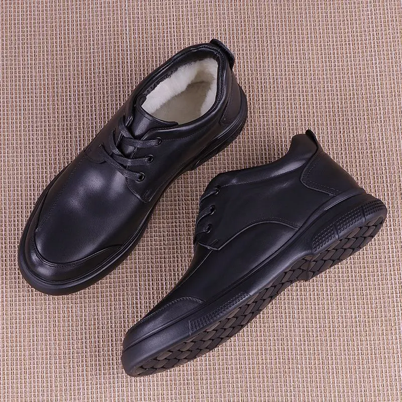 Genuine Leather Shoes Men Plush Wool Fluff Business Office Formal Dress Casual Cold Weather Warm Plus Velvet Cotton Fur Fleece