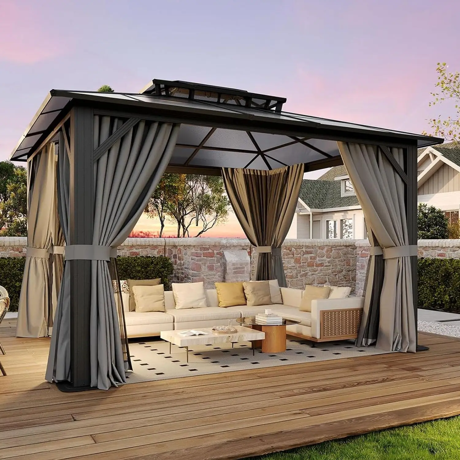 10'x12' Hardtop Gazebo Outdoor Permanent Gazebo with Double Polycarbonate Roof Canopy, Aluminum Frame Permanent, Custom