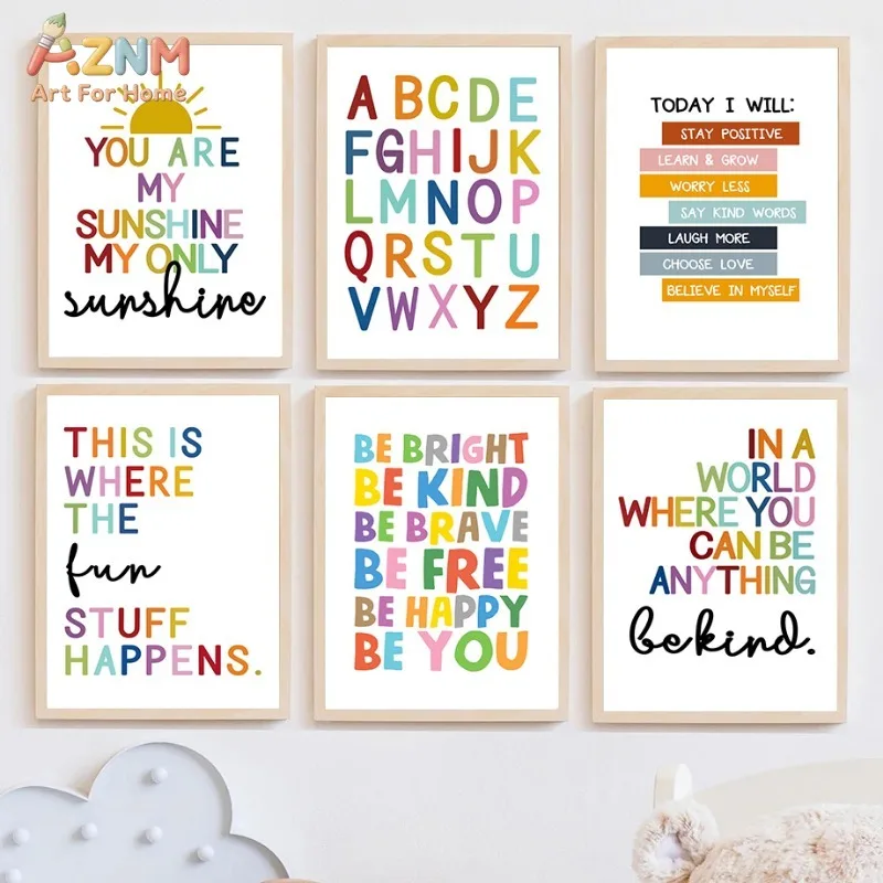 AZNM – toile murale colorée avec citations inspirantes, sans cadre, impressions décoratives pour la chambre d'enfant, alphabet ABC, peinture d'affirmation positive