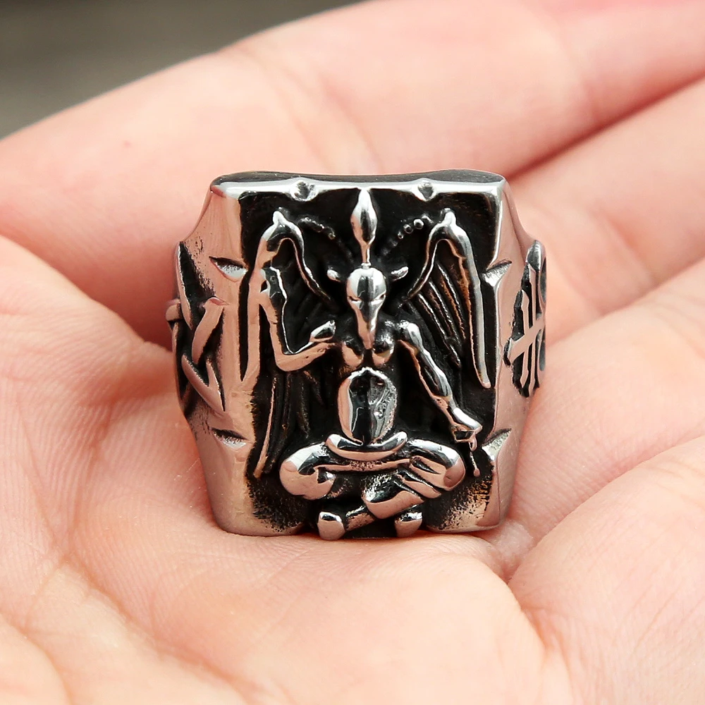 Gothic Seal of Satan Pentagram Sigil Statement Rings for Men Women Stainless Steel Satanic Ring Fashion Punk Biker Jewelry Gift