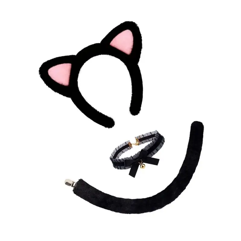 

39BB 3/4pcs Cats Costumes Cosplay Cats Ears Headband Bells Choker Tail Tutu Halloween Animal Fancy Costume Accessories