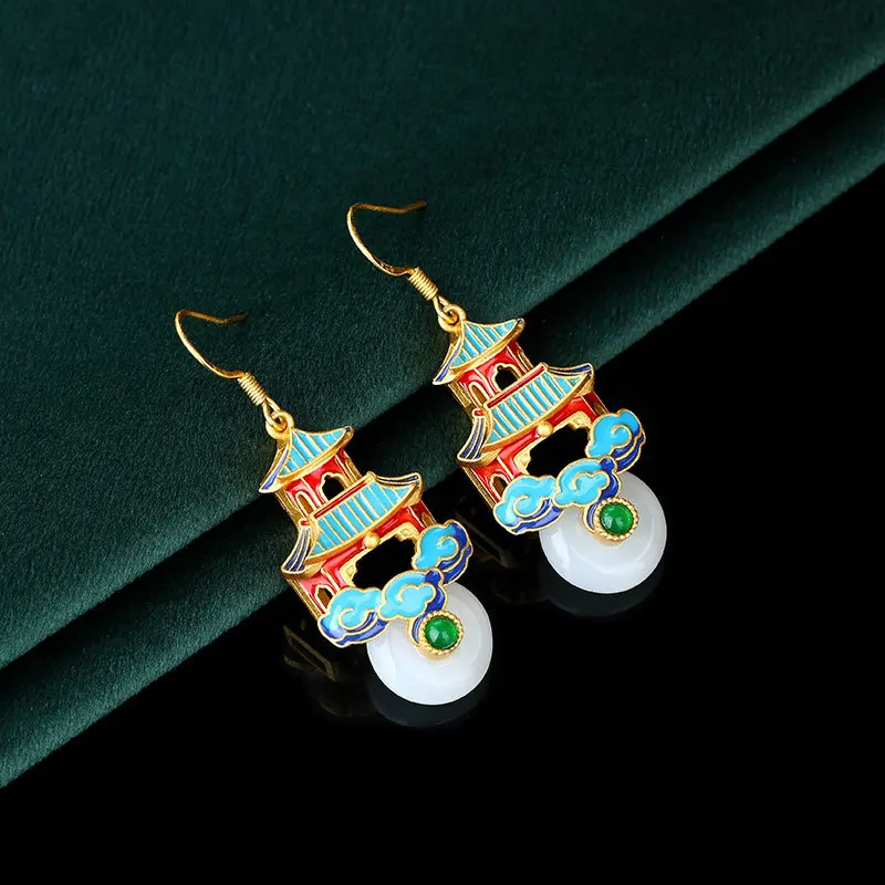 New Chinese Ancient Gold Earrings Cloisonne Xiangyun Qionglou Yuyu Ping An Buckle Antique Earrings Pendientes De Plata Largos