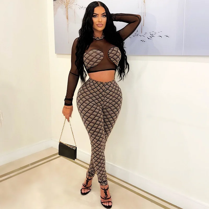 

Sexy 2 Piece Outfits for Women Festival Clothing Mesh Sheer Patchwork Crop Top and Leggings Set Party Birthday Outfits Clubwear