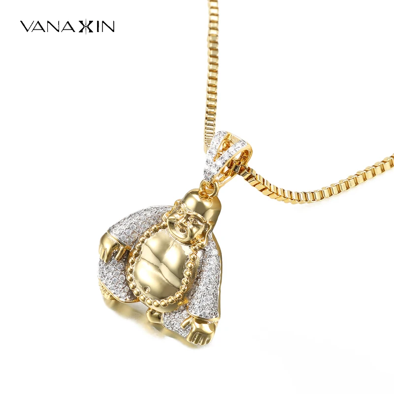 VANAXIN Happy Buddha Pendant Necklaces Charm Punk Jewelry For Men Lucky Amulet Fashion Bling CZ Women Gift