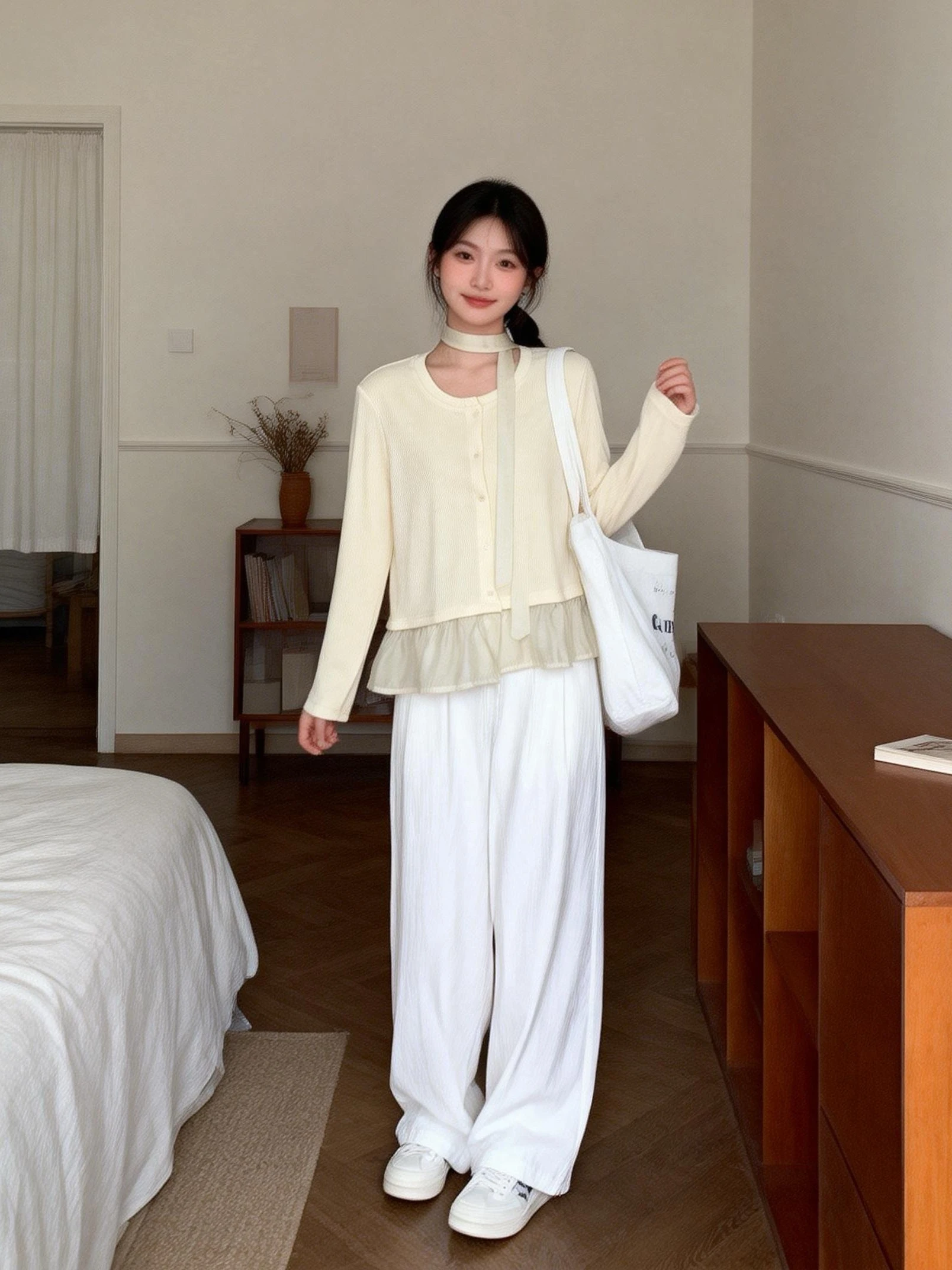 

Sweet Sle Long Sve Knitted Top Women's Spring Cotton Blend Embellied Hem Gown Casual Wear round Ne Button Closure