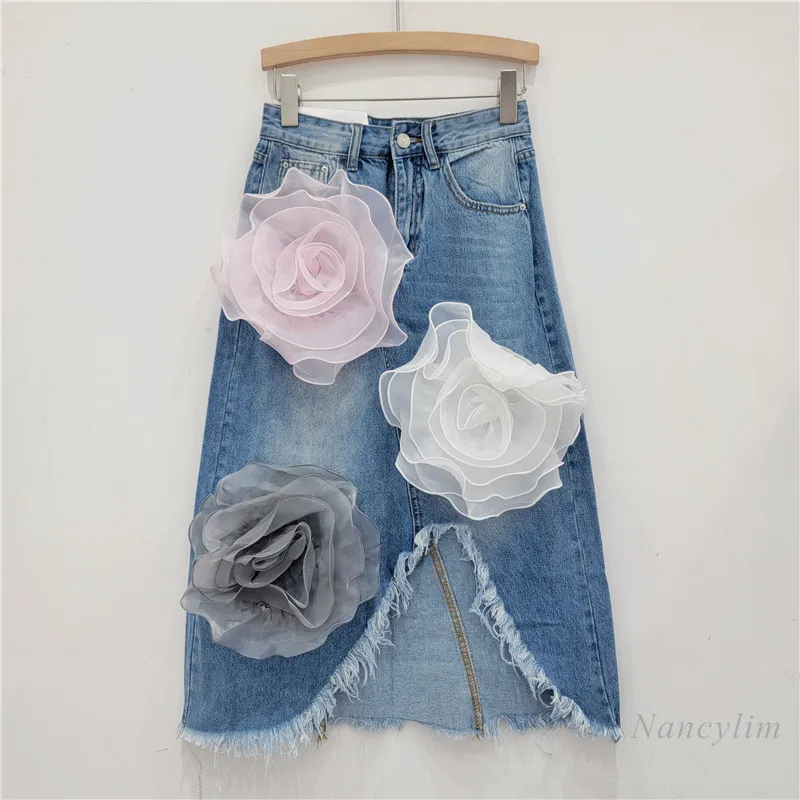 Three-Dimensional Flower Denim Irregular Raw Hem Skirt Women's Summer New Loose High Waist Slimming Mid-Length Skirt 2024