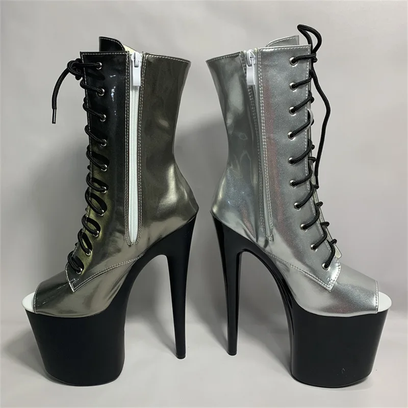 

20cm high heels, open toe, ankle boots, fashionable patent leather sexy club pole dancing plus-size women's boots