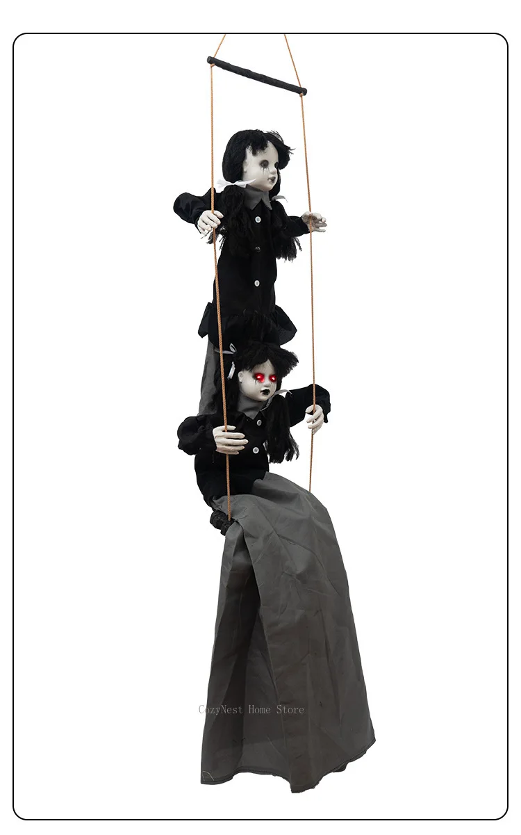 Light-Up & Shaking Halloween Twins on Swing, Sound-Activated Haunted House Decor, Escape Room Hanging Ornament