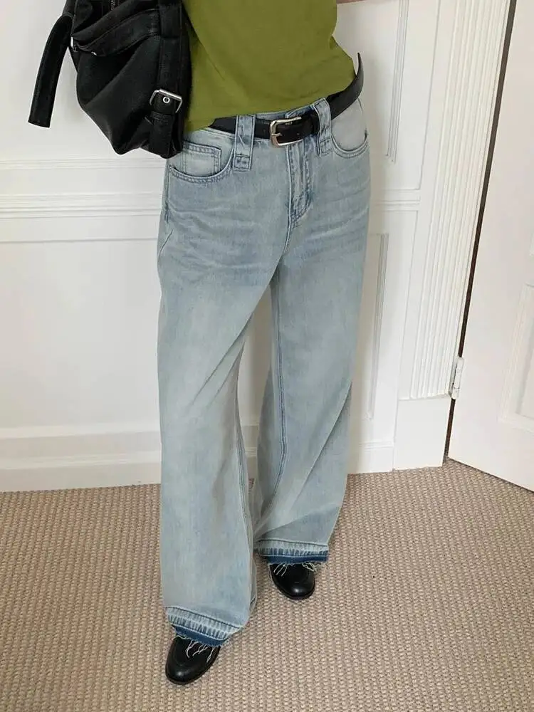 High Waist Blue Color-block Burr Long Denim Jeans Pants New Trousers Women Fashion Tide Spring Autumn