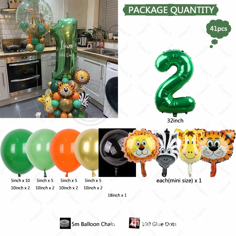 1set Carton Animal Balloons Tower 32inch Green Gold Number 1-9 Balloon For Kids Jungle Safari Wild One Birthday Party Decoration view 4
