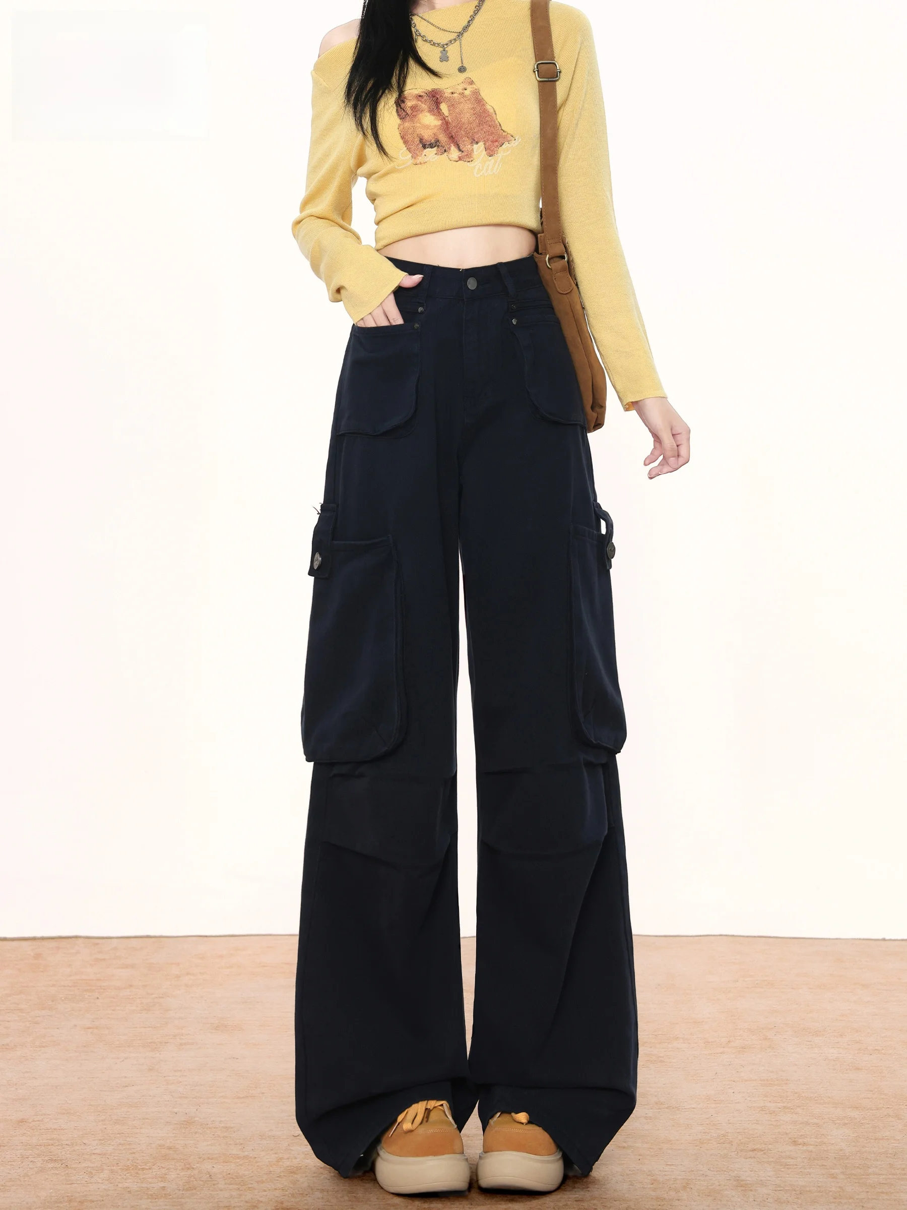 

Джинсы с высокой талией в американском стиле, женские, осенне-зимние, свободные, широкие, с множеством карманов, темно-синие