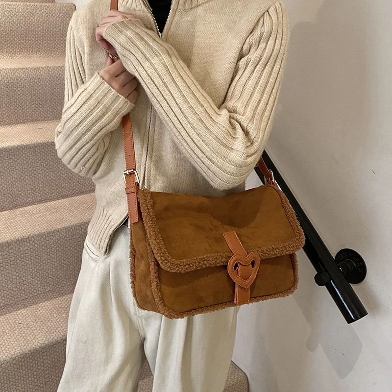 Winter Soft Lamb Wool Handbag Vintage Suede Leather Messenger Bag For Women Cute Love Lock Shoulder Bag Designer Faux Fur Bolsos