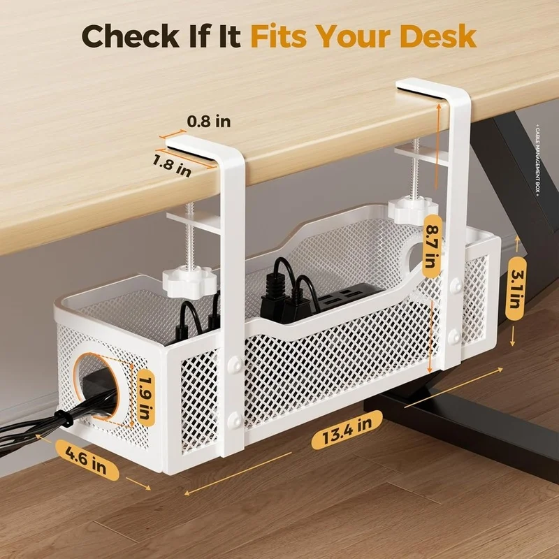 DT23 Cable Management Box, No Drill Under Desk Storage Basket, Wire Hanging Organizer for Home Office, White, Metal