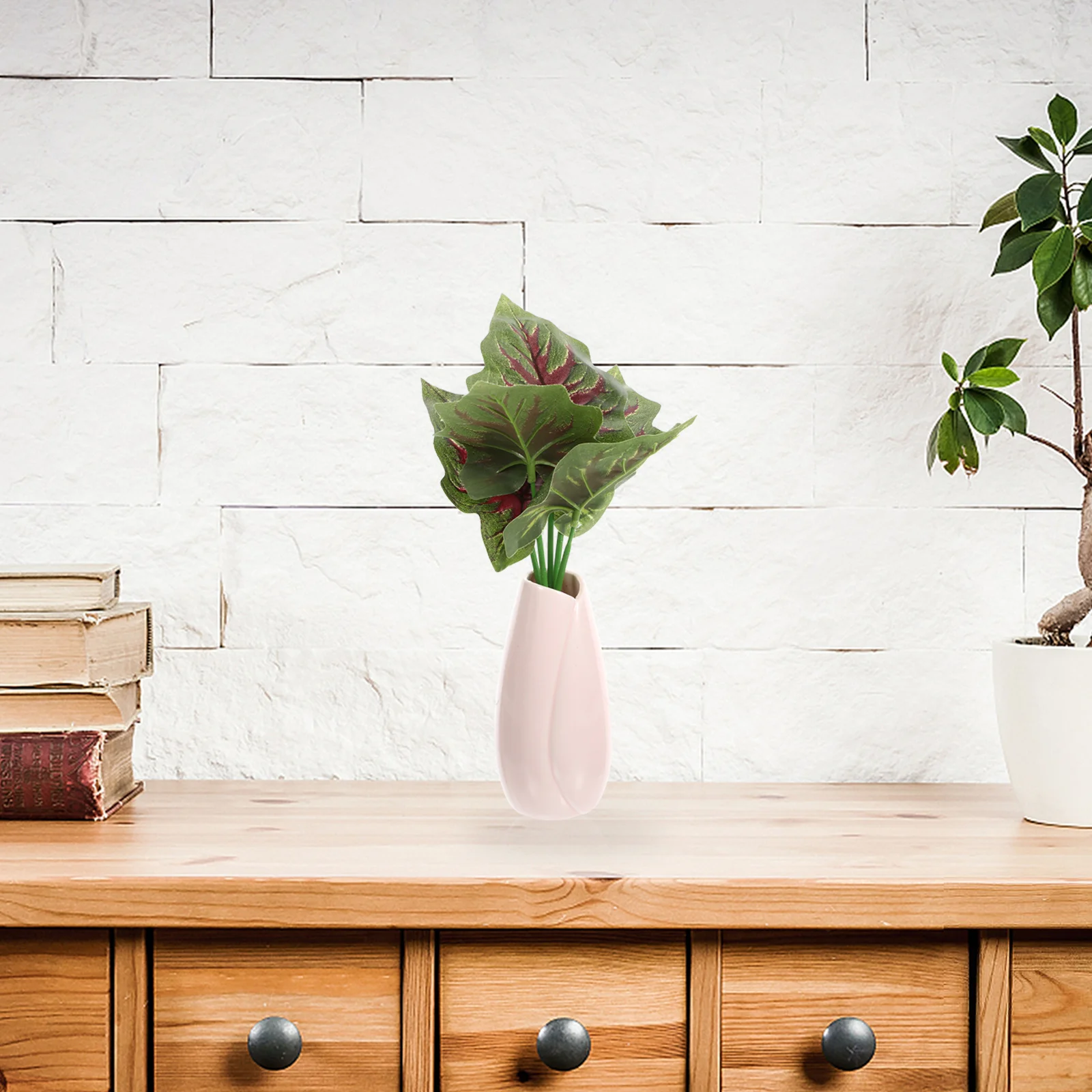 

6pcs Simulation Green Plant Red Heart Taro Artificial Bonsai Desktop Decor For Home Office Party Decoration Artificial Leaves