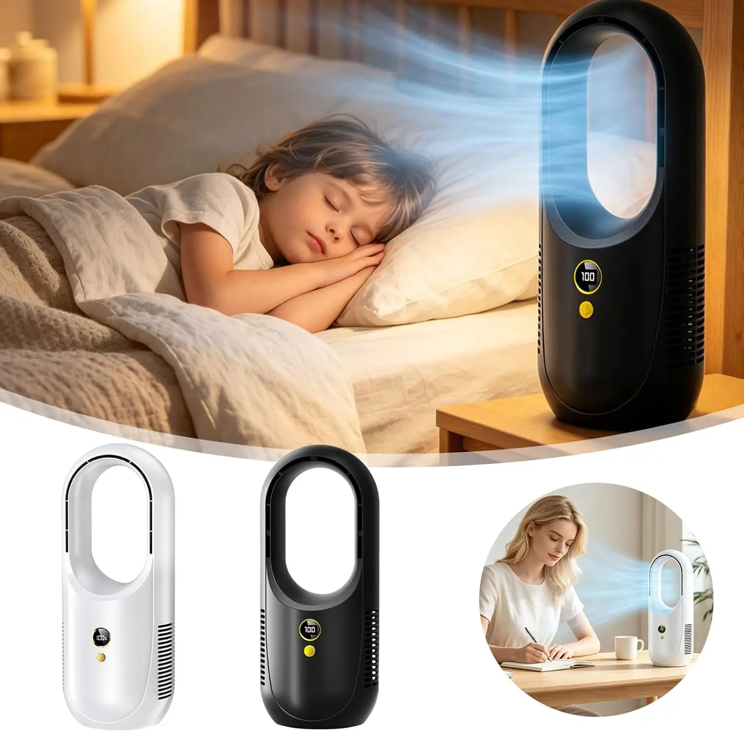New 2000mAh Desk Fan Bladeless Kids-Friendly Portable Table Fan 6-Speed USB Rechargeable Small Quiet Cooling Tower Fan for Home