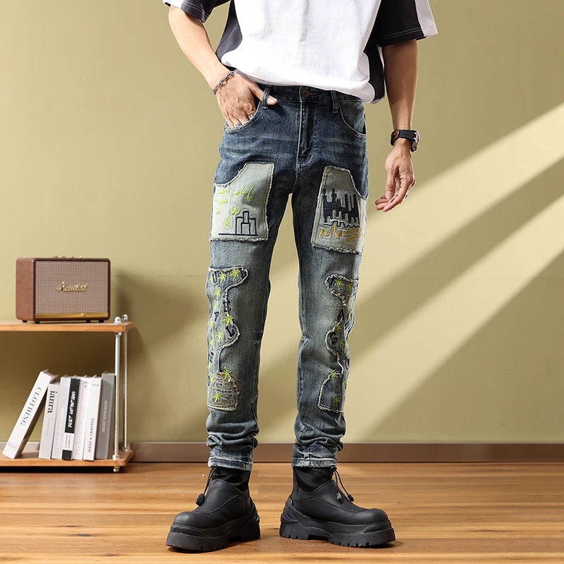 

High quality jeans men's patchwork slim fitting small straight leg pants embroidered pants mens cargo jeans clothing fall guys