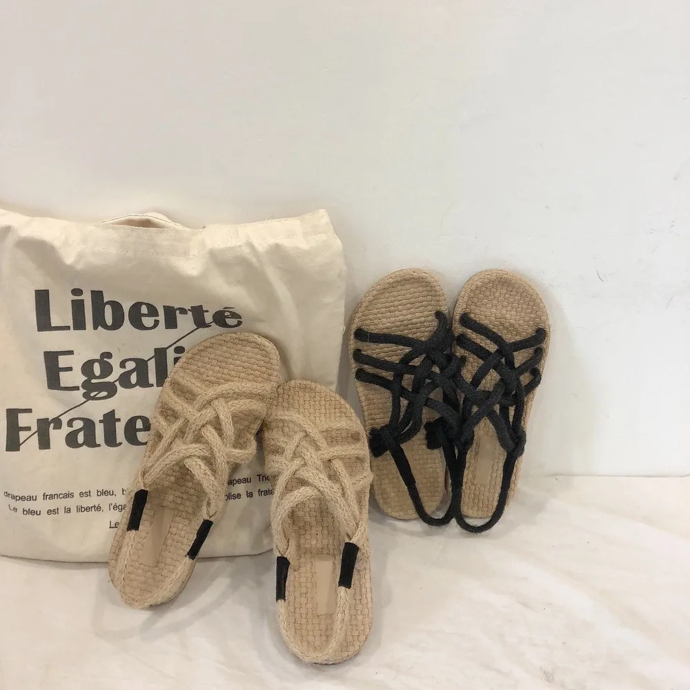 Hemp rope sandals for female students 2022 new straw woven summer cross straps beach casual ladies and slippers women shoes