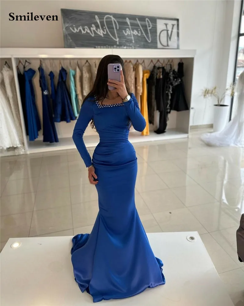 Smileven Royal Blue Mermaid Evening Dress Long Sleeve Square Neck Prom Dresses robe de soirée Off The Shoulder Party Gowns 2024