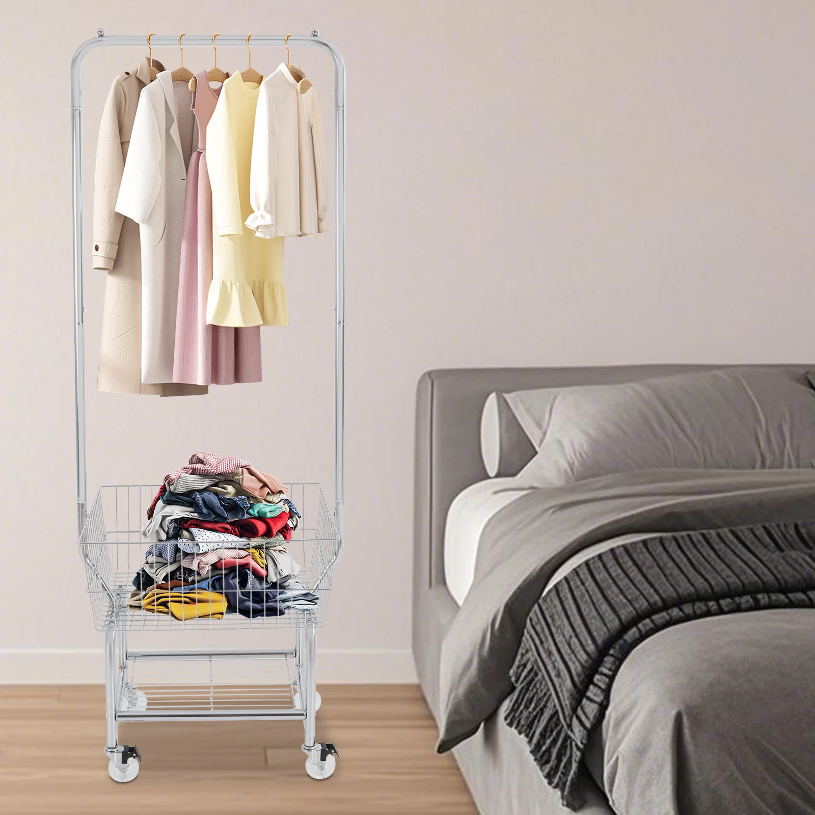 

Large Capacity Clothes Cart, Rolling Laundry Cart, Laundry Cart with Hanging Rod