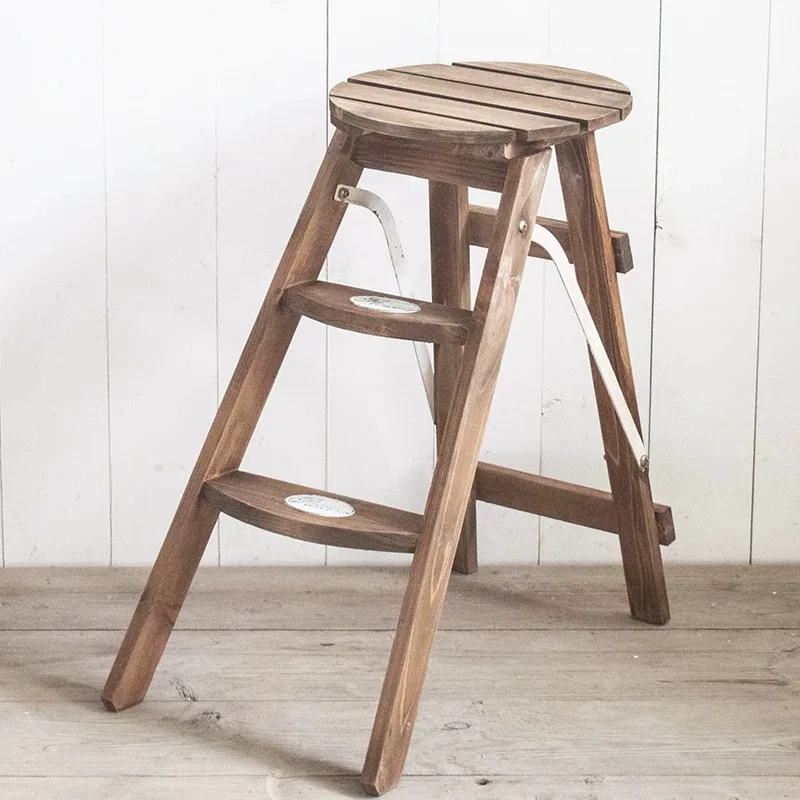 Retro Handmade Solid Wood Folding 3 Step Ladder Stool, Multifunctional Stepladder