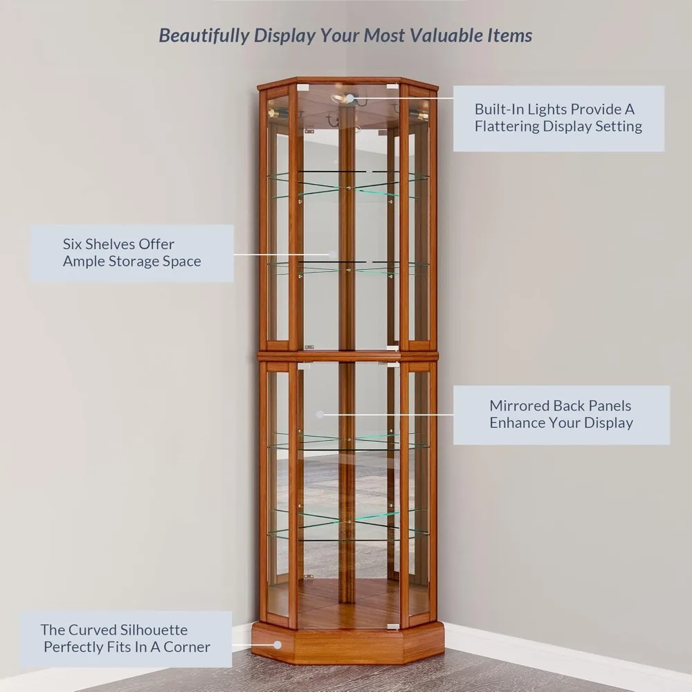 علبة عرض زاوية لخزانة التحف المضاءة لغرفة المعيشة، كوخ صيني مع أبواب وأرفف من الزجاج المقسى، كابينة خشبية مميزة