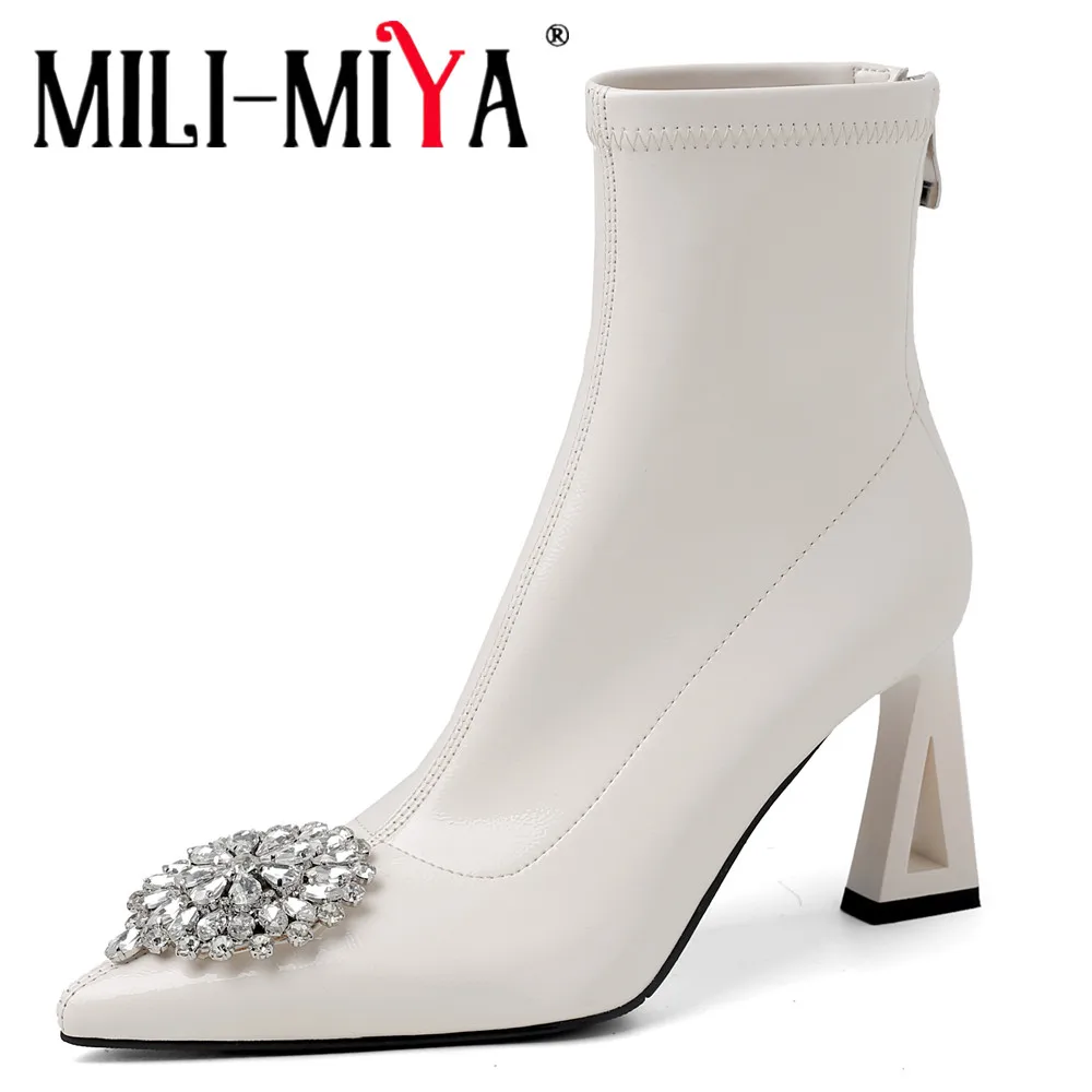 

MILI-MIYA/женские короткие ботинки из эластичной микрофибры с острым носком на эластичном каблуке, модные ботильоны с кристаллами, большой размер 34-42