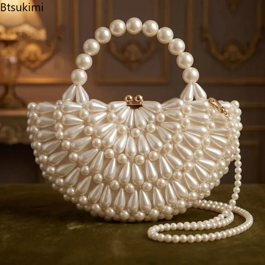 New Women's Pearl Crescent Bags French Style Vintage Woven Dumpling Clutch Bags Elegant Party Evening Bag Ladies Purses Handbags