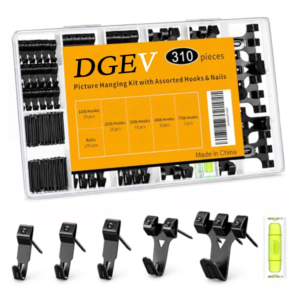 310Pcs Picture Hanging Hooks Kit with Nails & Mini Level Heavy Duty Picture Hanging Kit for Drywall Plaster Wood Walls, Clock ho