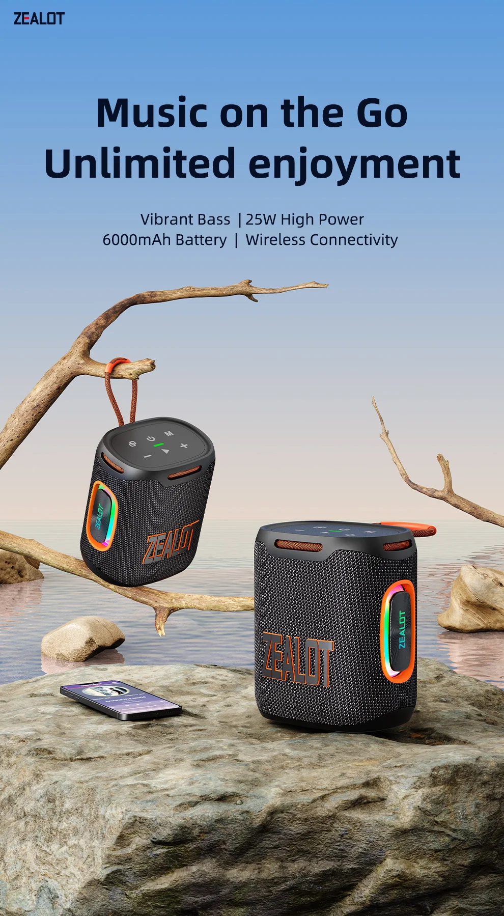 Zealot-S122 Original Tragbarer Bluetooth-Lautsprecher mit Ausgewogenem Subwoofer-Sound, BT5.3 Outdoor-Lautsprecher mit LED-Licht, TF-Slot und USB – Detail 2