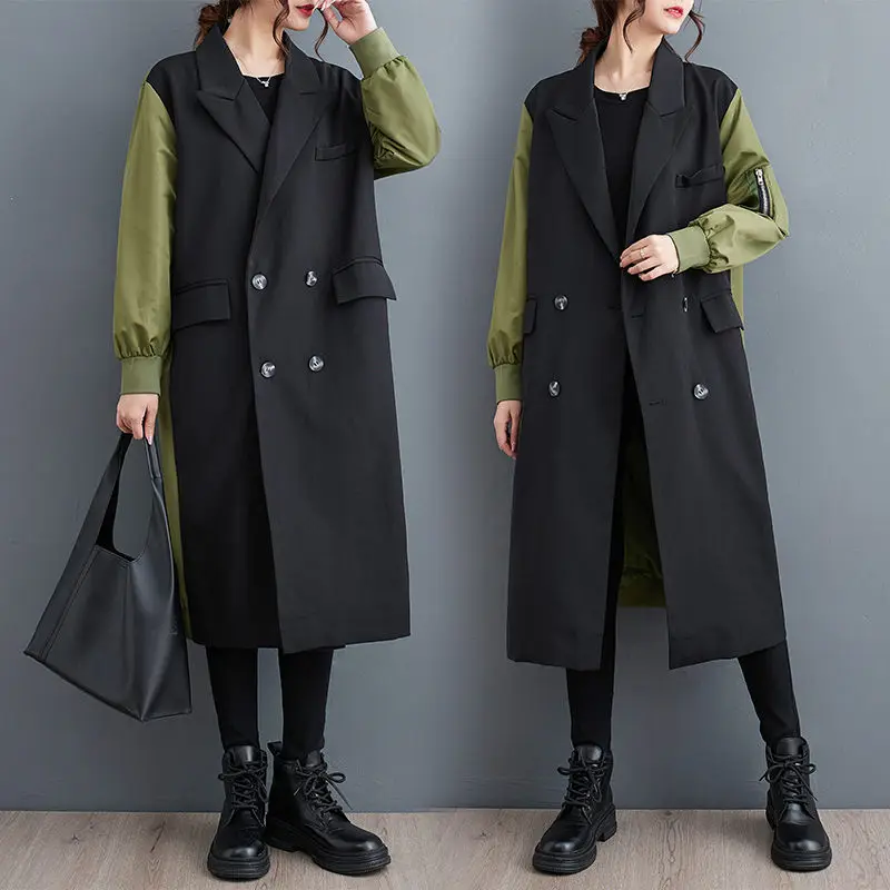 Oversized Women's Windbreaker Blazer 2023 New Autumn/Winter Temperament Casual Color Block Cardigan Fashion Slim Coat Z3173