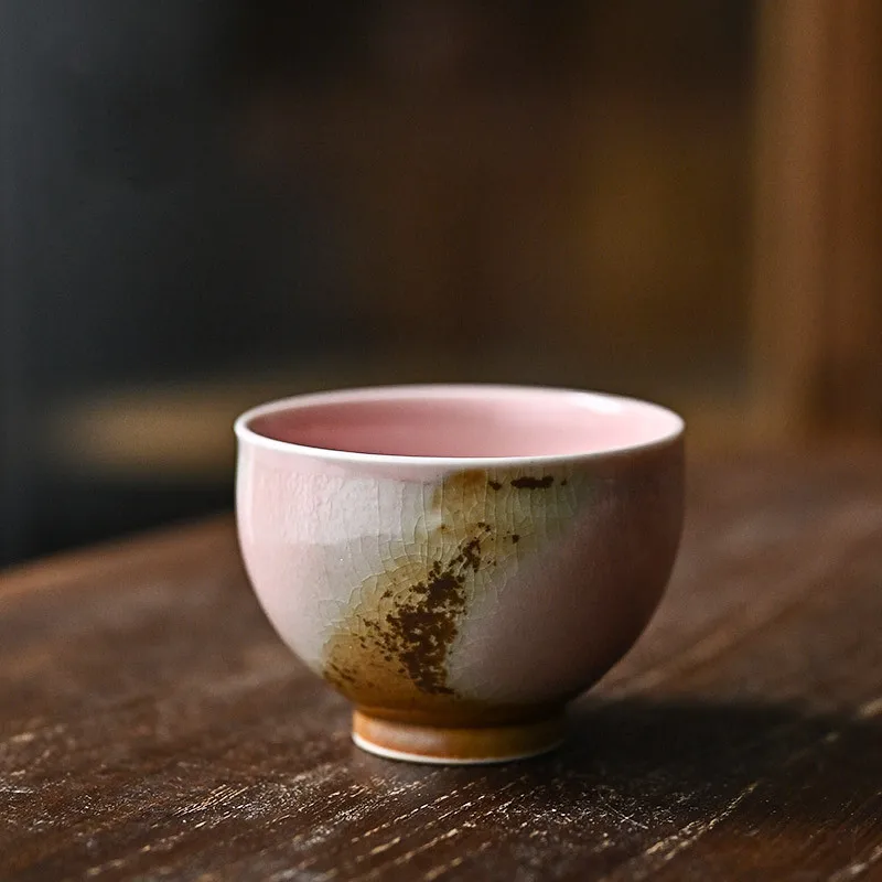 Jingdezhen High Temperature Raw Ore Shino Wood Fired Pink Kiln Change Crackle Cultivable Handmade Ceramic Master Teacup