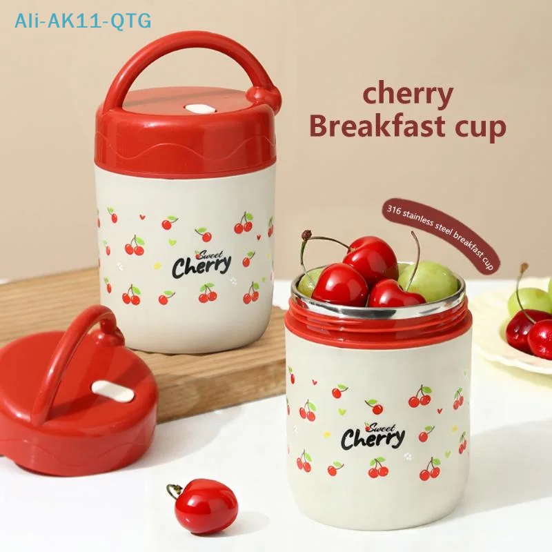 Hot 500ml Cherry 304 Stainless Steel Insulated Lunch Box, Portable Breakfast Cup With Thermal Bag