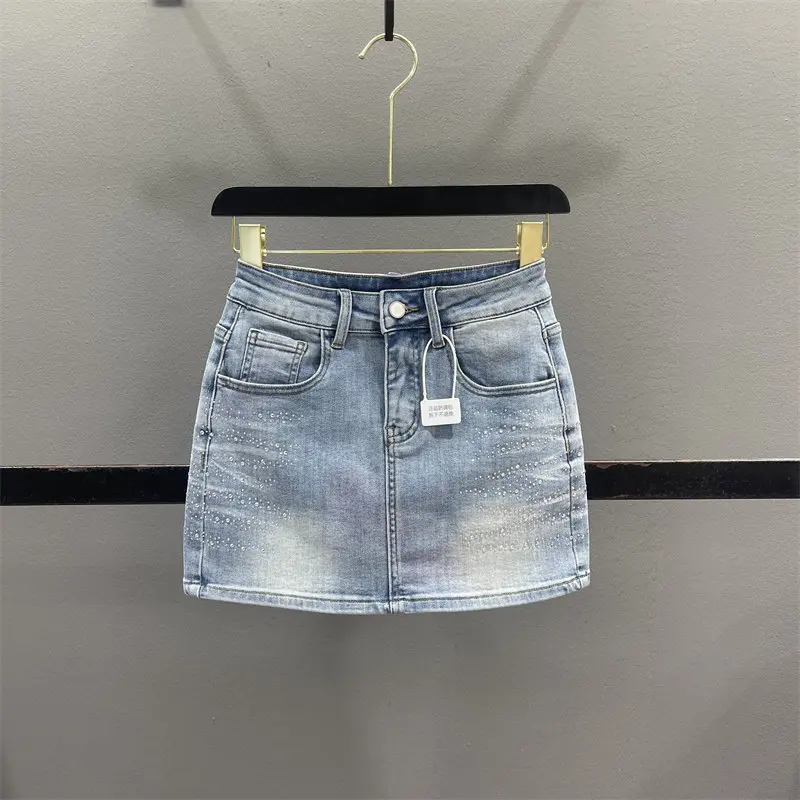 Summer New Rhinestone Denim Short Skirt For Women American Casual Fashion Sequins Sparkling Spicy Girl Slim Denim Skirts