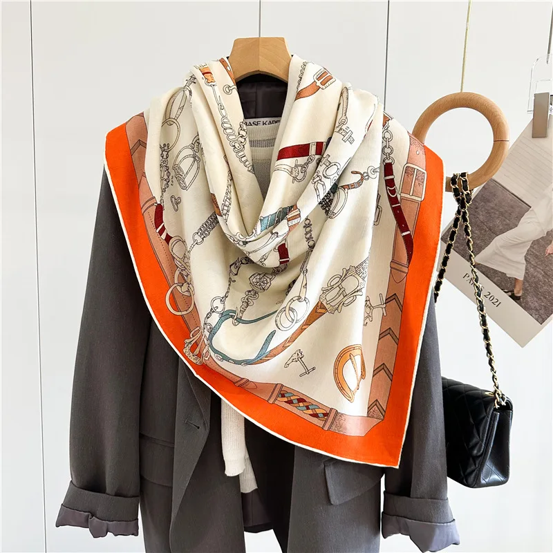 Womens Winter Wool Blanket Scarf Shawl 2024 Double Sided Printing Ladies Winter Warm Scarves Wraps Poncho 135x135CM