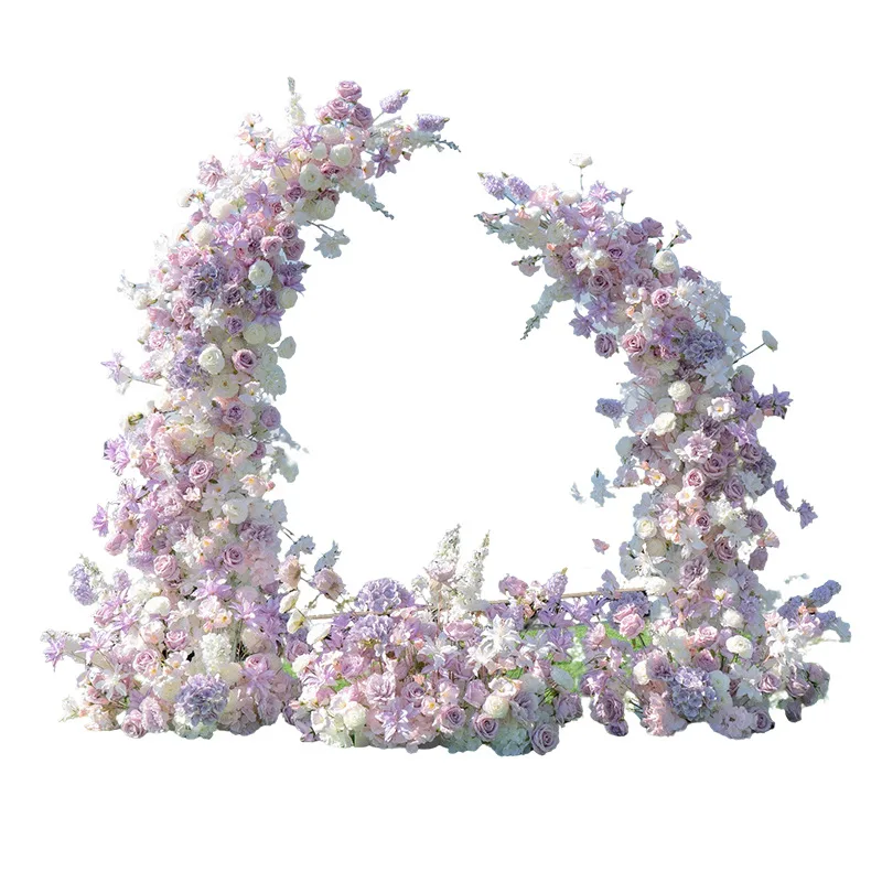 Wedding decoration purple horn arch decoration floral arrangement, outdoor event ceremony wedding with shelf props fake flower