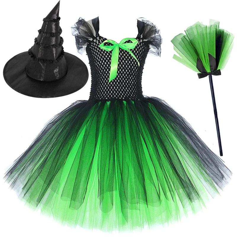 Green Black Witch Elphaba Dress for Girls Halloween Fancy Dresses with Hat Broom Set Kids Wicked Disguise Tutus Children Outfit