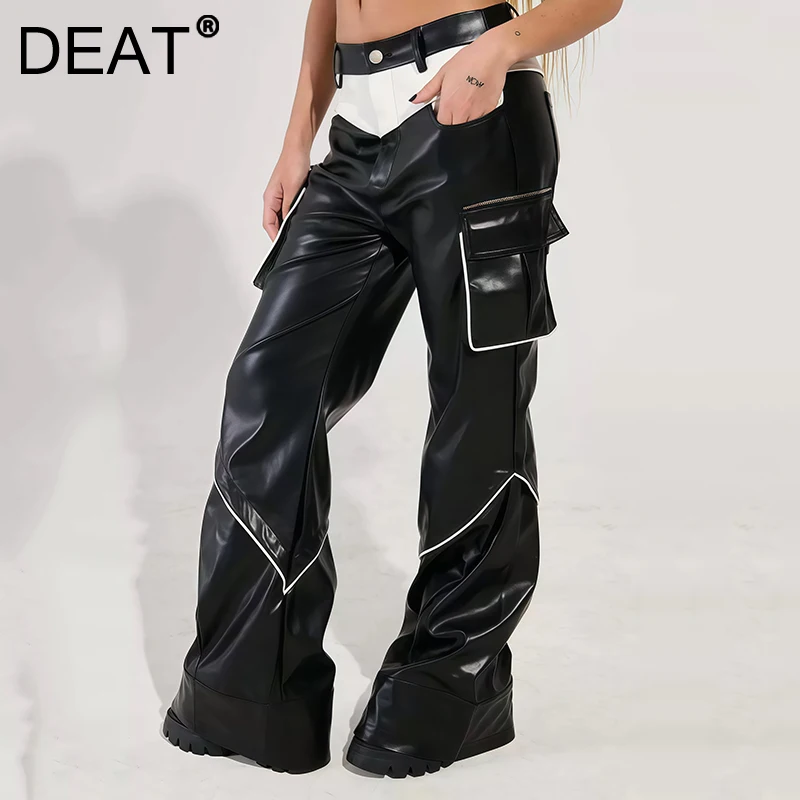 DEAT Fashion Pu Leather Pants Women Deconstruction High Waist Spliced Contrast Color Pockets Full-length Trouser New 7AB4744