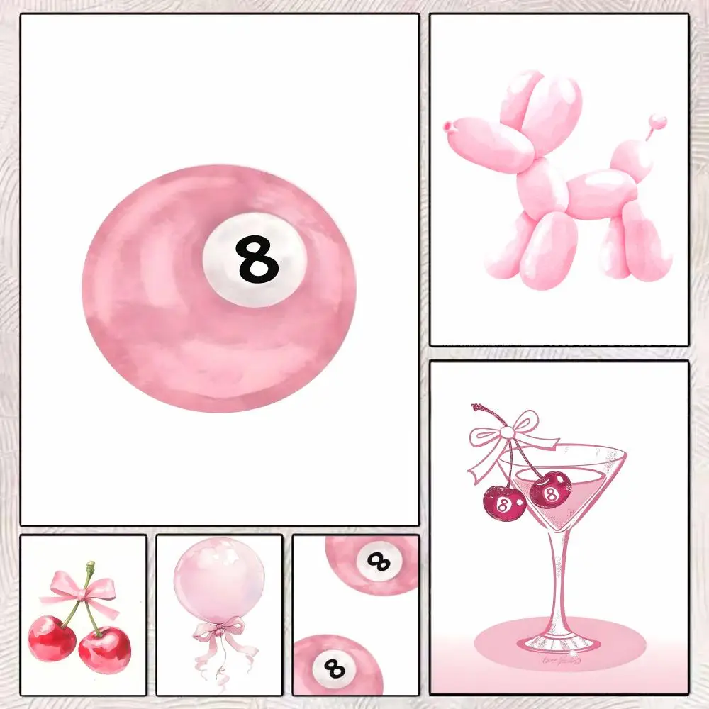 Pink Billiards Cherry Perfume Y2K Painting Calligraphy Aesthetic Canvas Wall Poster Modern Room Bedroom Cafe Wall Artwork