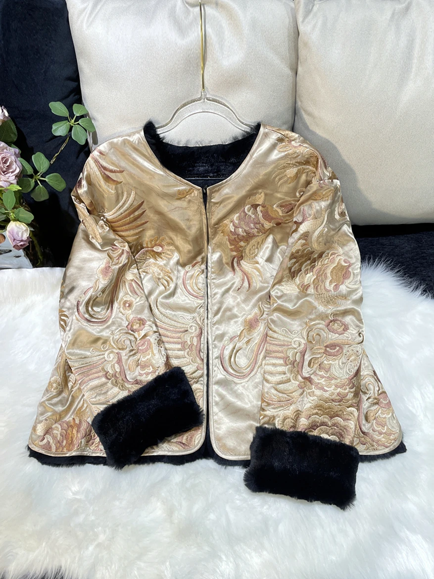 

Двусторонняя куртка из ацетатной ткани с вышивкой и вставками из кроличьего меха, в китайском стиле, новая коллекция для любителей животных