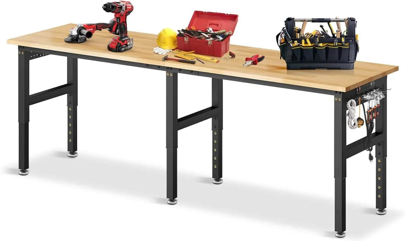 

96”Adjustable Work Bench, 5000 LBS Capacity Heavy Duty Workbench with Power Outlet & Pegboard, Rubber Wood Work Table for Garage
