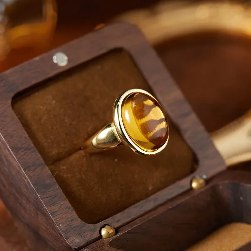 Xiaohongshu popular plain natural amethyst powder crystal citrine ring unisex s925 sterling silver wholesale